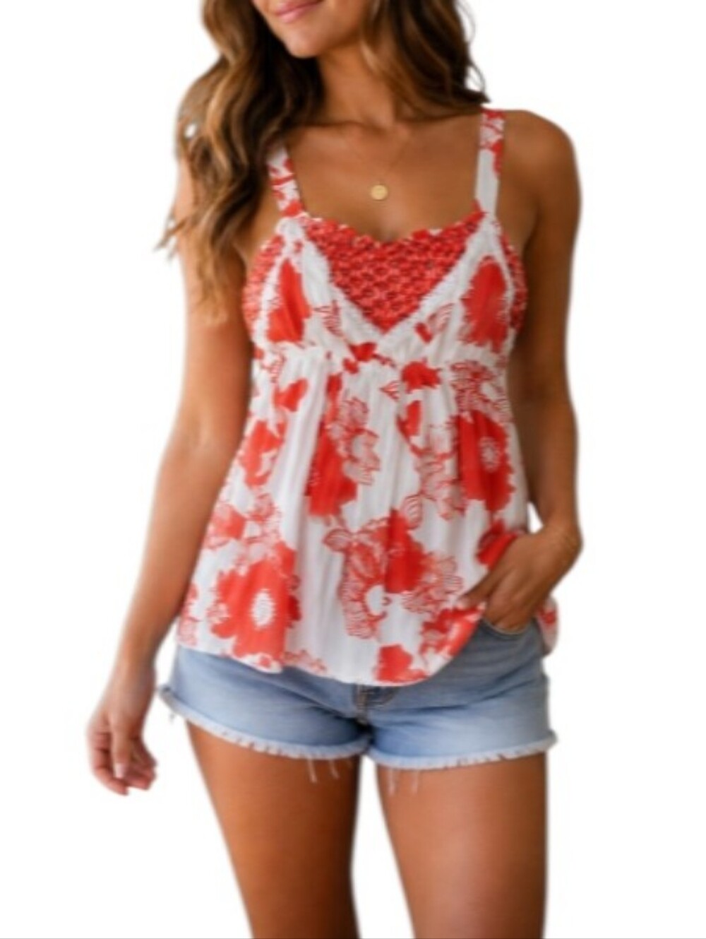 Hollister Babydoll White Tank with Red Floral Detail-NWT